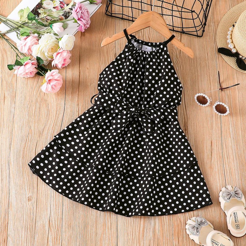Toddler Girl Elegant Polka dots Belted Slip Dress Black/White