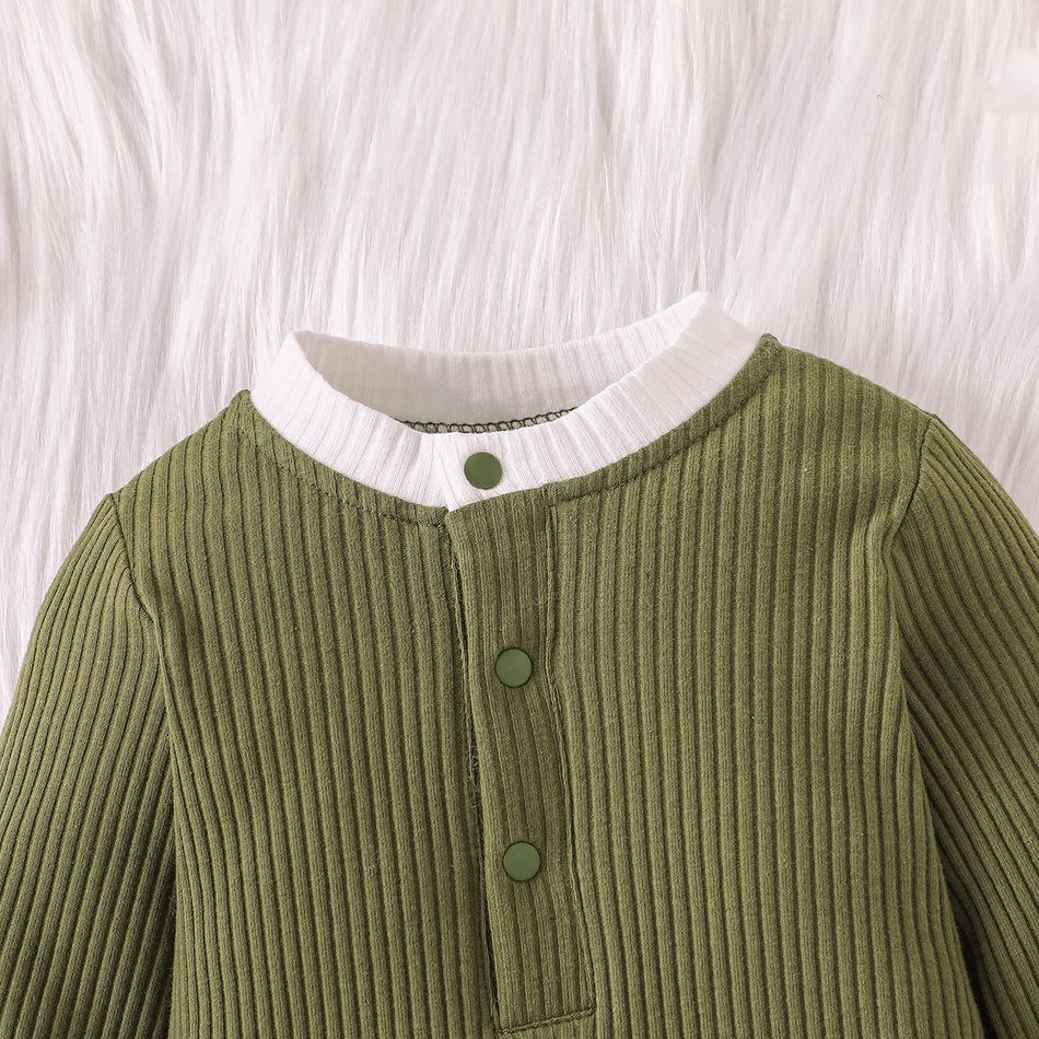 Baby Boy/Girl Cotton Ribbed Contrast Long-sleeve Jumpsuit Dark Green big image 4