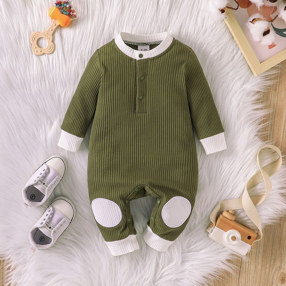 Baby Boy/Girl Cotton Ribbed Contrast Long-sleeve Jumpsuit Dark Green