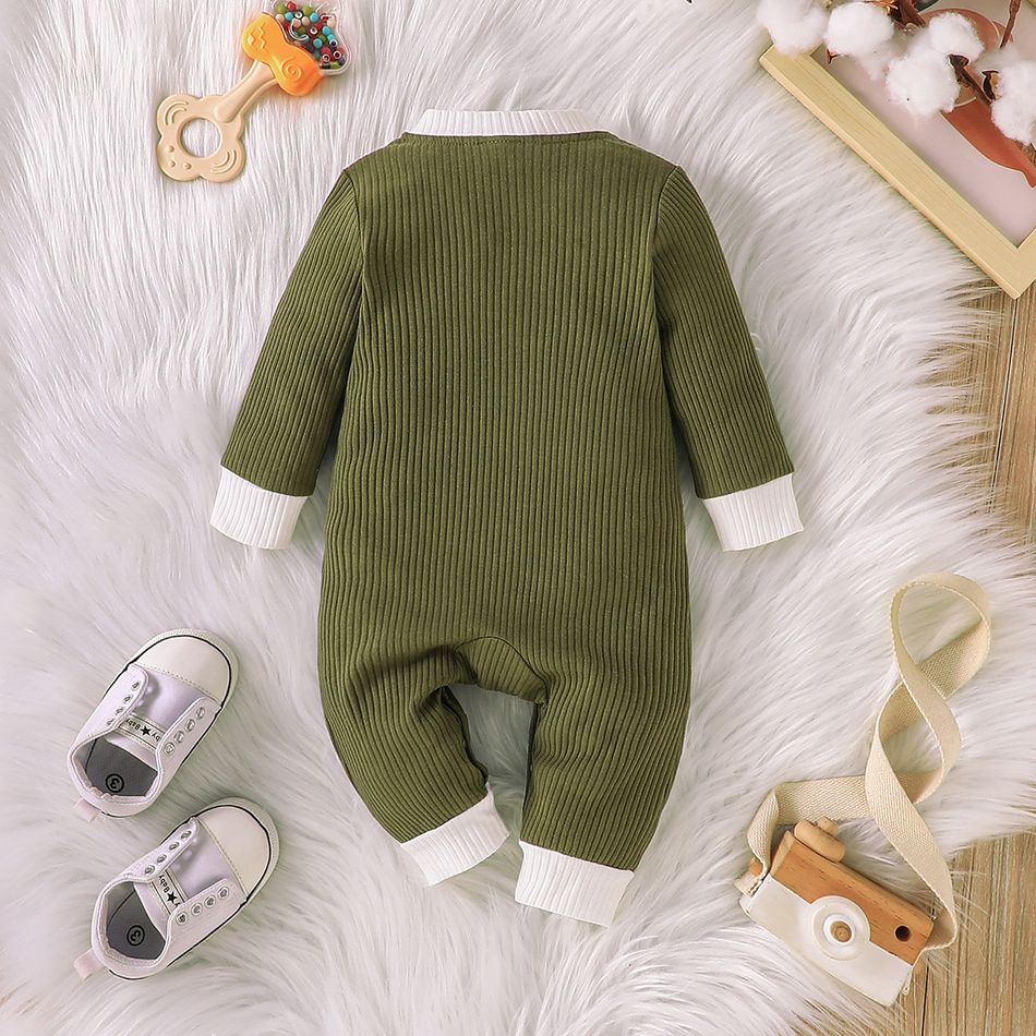 Baby Boy/Girl Cotton Ribbed Contrast Long-sleeve Jumpsuit Dark Green big image 3