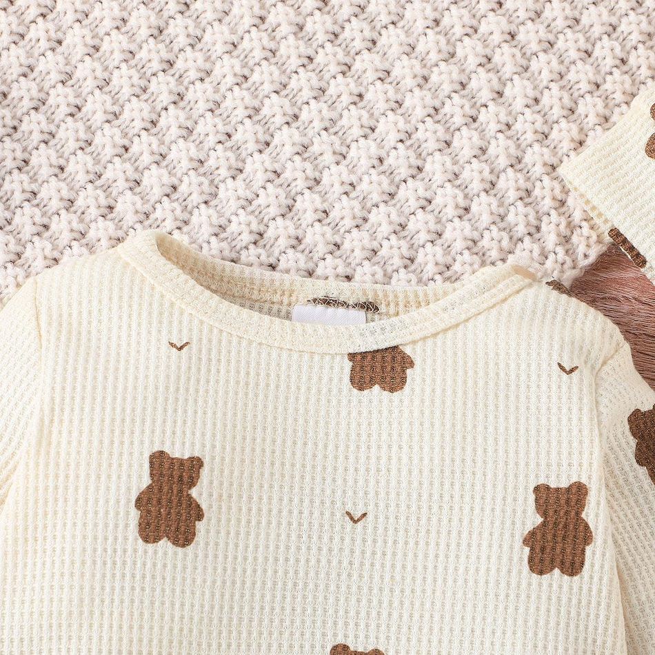 2pcs Baby Girl Allover Bear Print Long-sleeve Waffle Jumpsuit & Hat Set Apricot big image 4