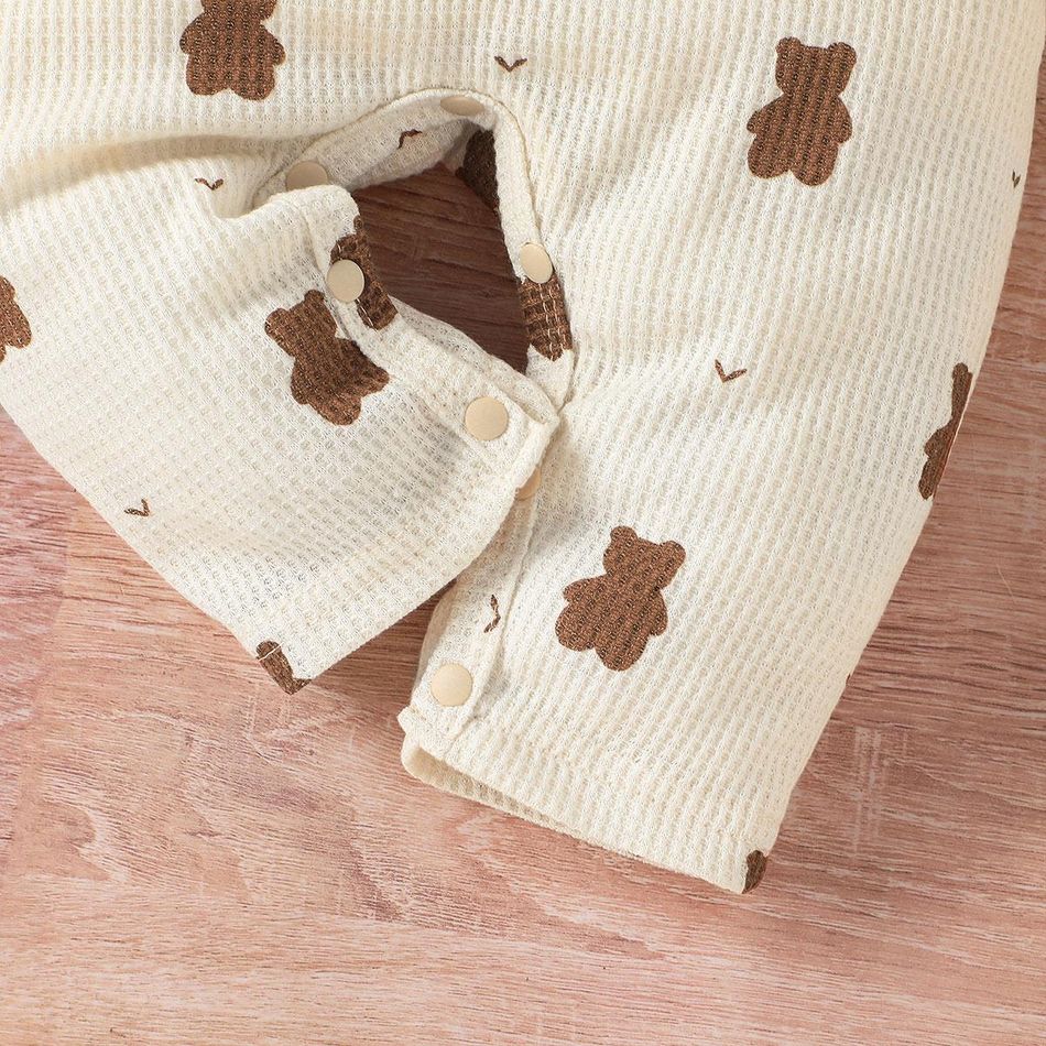 2pcs Baby Girl Allover Bear Print Long-sleeve Waffle Jumpsuit & Hat Set Apricot