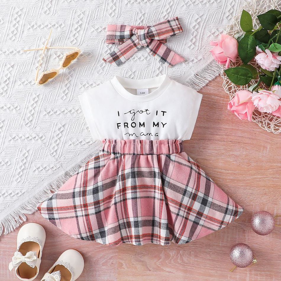2pcs Baby Girl 95% Cotton Letter Print Sleeveless Spliced Plaid Dress & Headband Set Pink