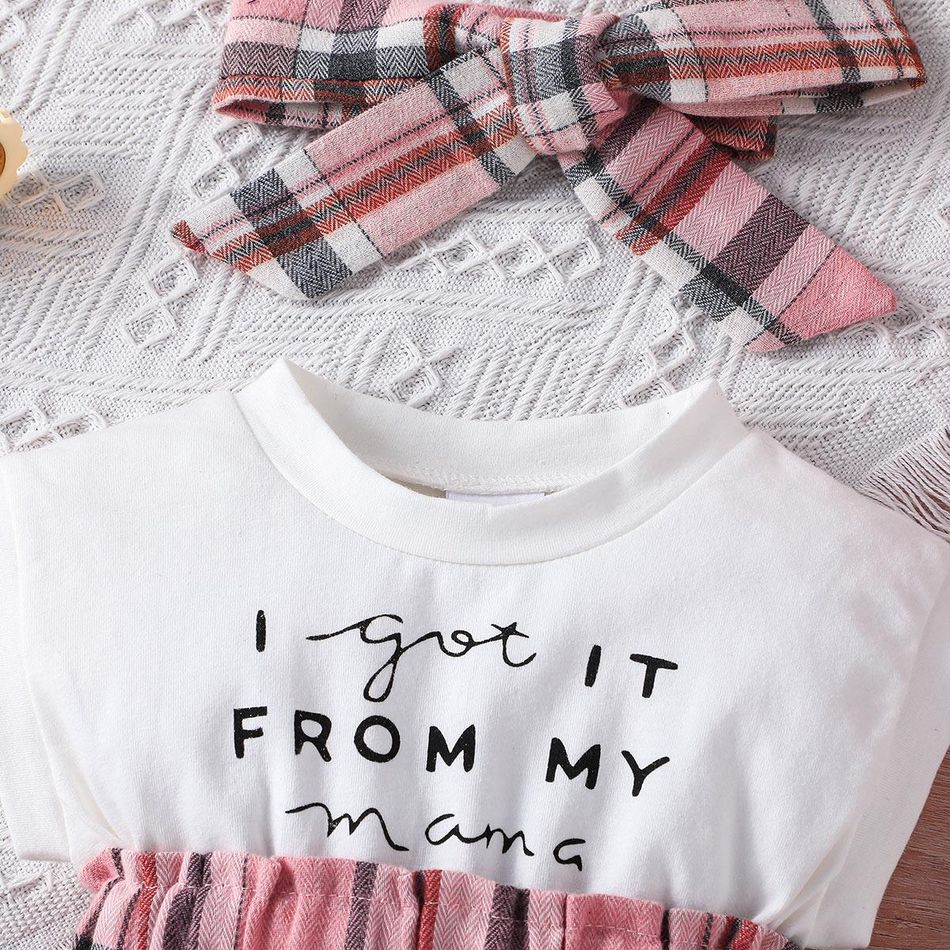 2pcs Baby Girl 95% Cotton Letter Print Sleeveless Spliced Plaid Dress & Headband Set Pink big image 3