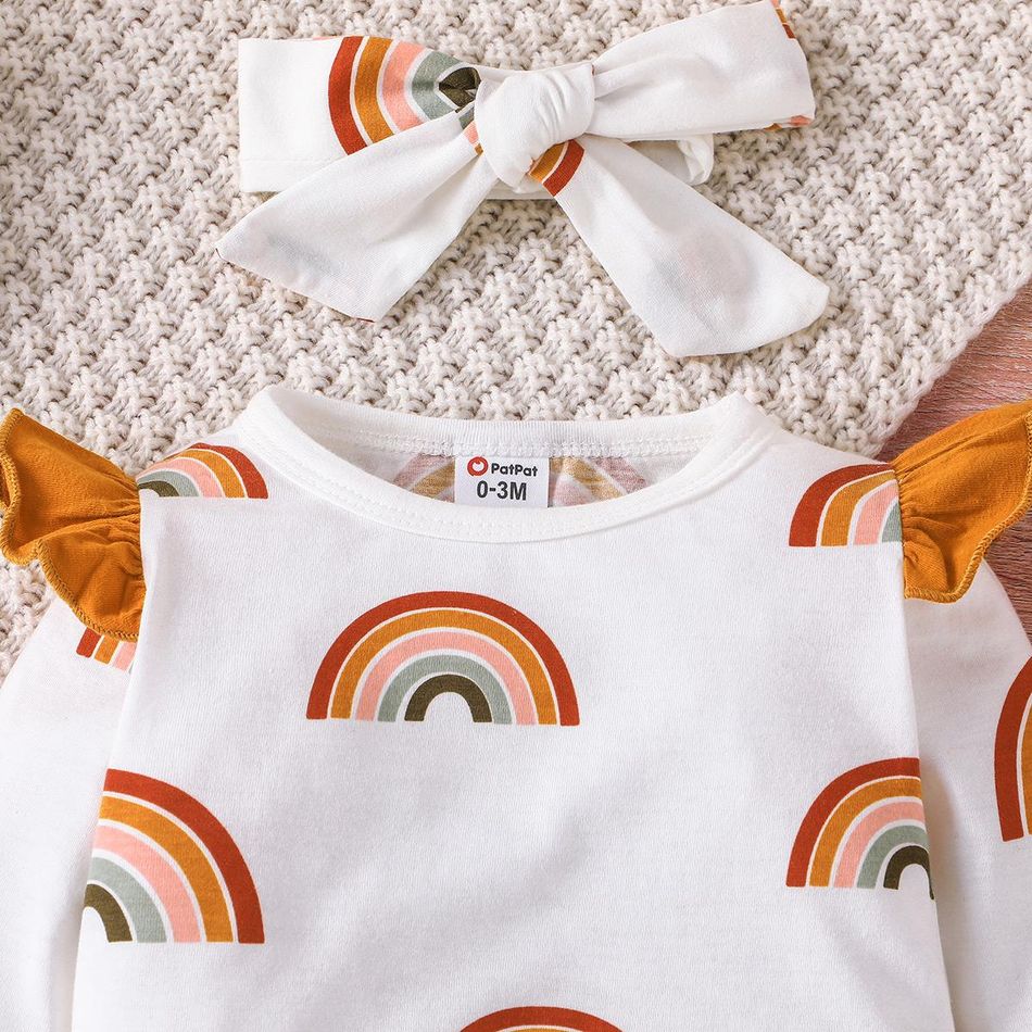 2pcs Baby Girl 95% Cotton Allover Rainbow Print Ruffle Trim Long-sleeve Jumpsuit & Headband Set OffWhite big image 3