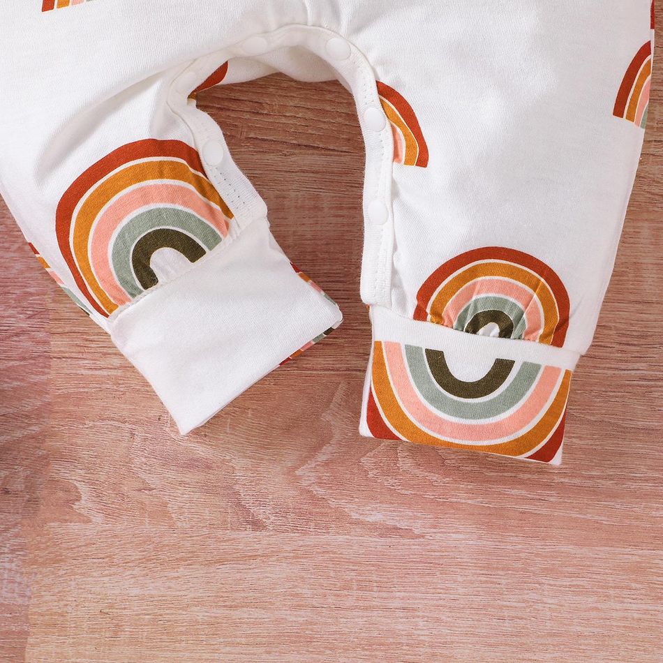 2pcs Baby Girl 95% Cotton Allover Rainbow Print Ruffle Trim Long-sleeve Jumpsuit & Headband Set OffWhite