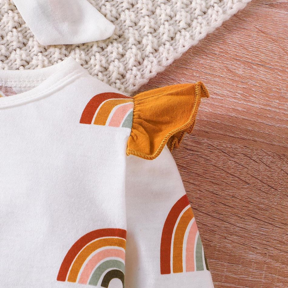 2pcs Baby Girl 95% Cotton Allover Rainbow Print Ruffle Trim Long-sleeve Jumpsuit & Headband Set OffWhite big image 4