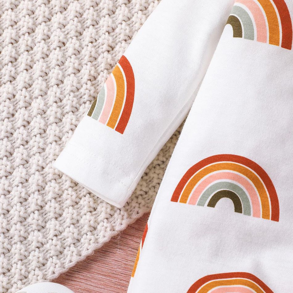 2pcs Baby Girl 95% Cotton Allover Rainbow Print Ruffle Trim Long-sleeve Jumpsuit & Headband Set OffWhite big image 5
