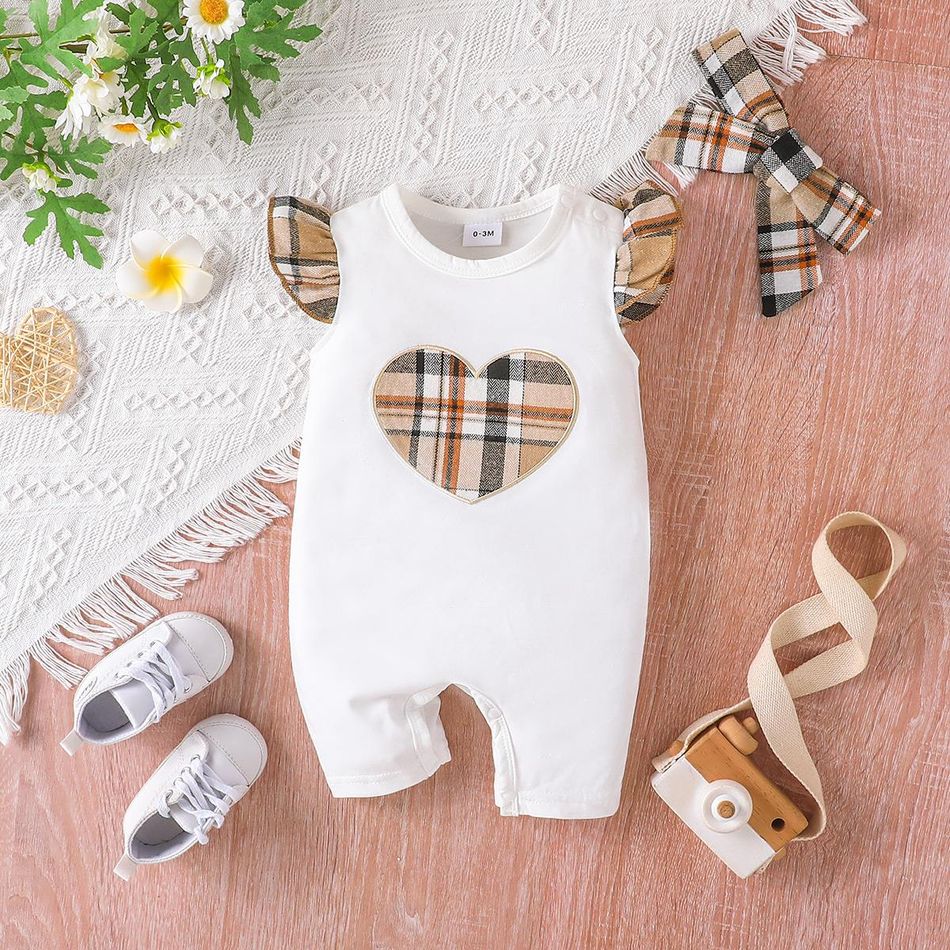 2pcs Baby Girl Sleeveless Plaid Romper Sets White big image 1