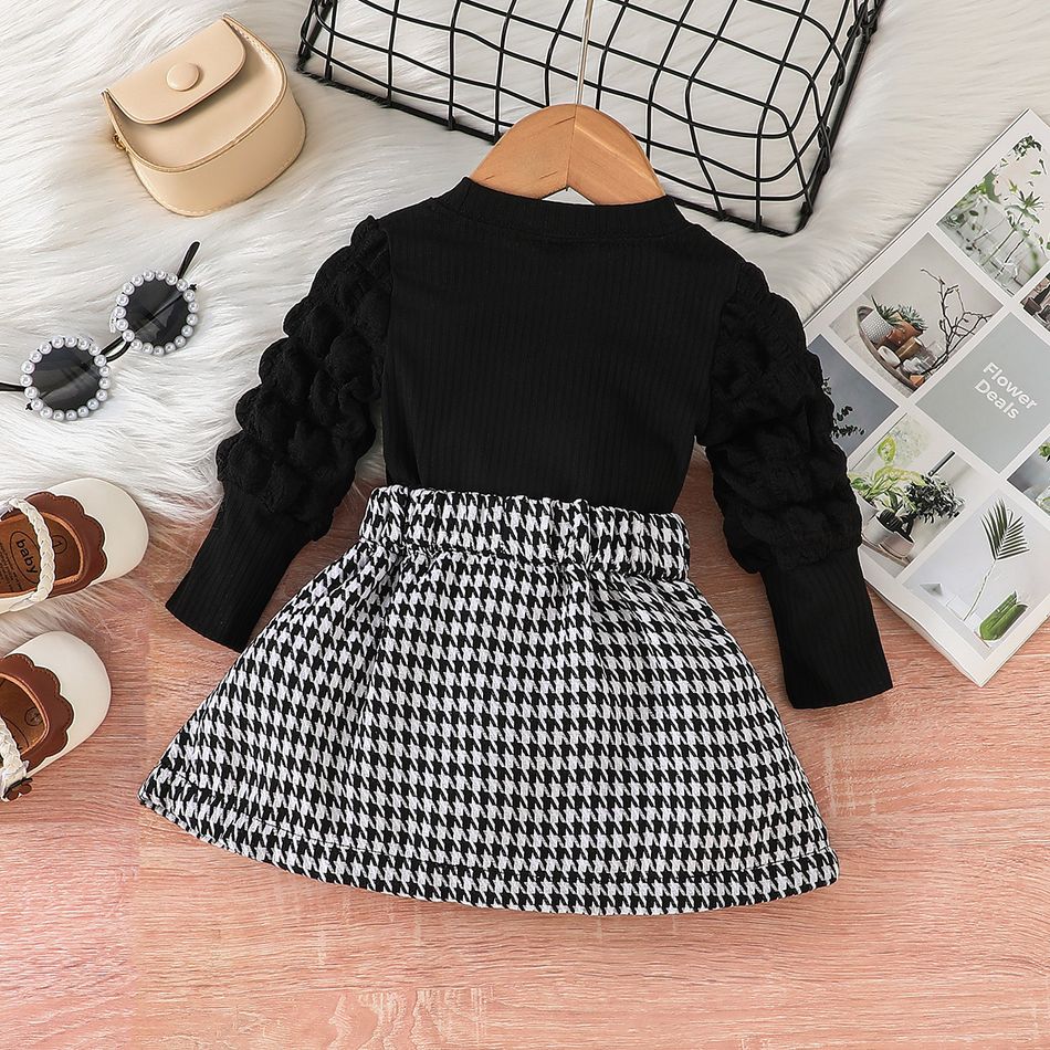 2pcs Baby Girl Leg-of-mutton Sleeve Ribbed Romper and Houndstooth Skirt Set Black big image 3