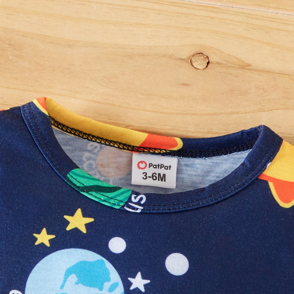 Baby Boy All Over Solar System Planets and Letter Print Dark Blue Long-sleeve Jumpsuit Deep Blue big image 3