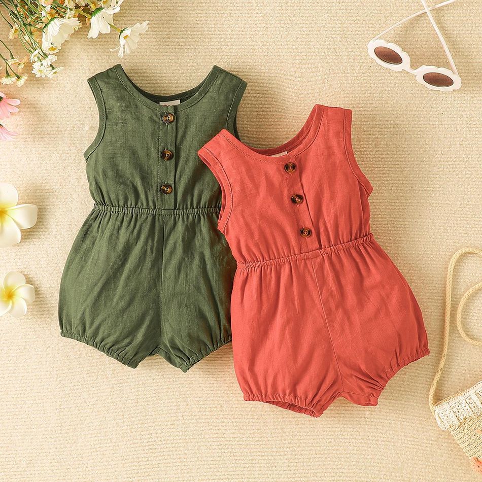 Baby Girl 100% Cotton Button Front Tank Romper Brick red big image 3