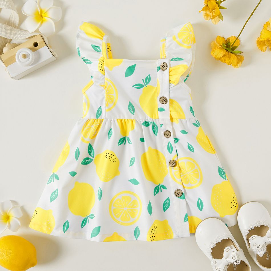 1pc Baby Girl Plaid&Lemon&Fruit Sweet Dress White