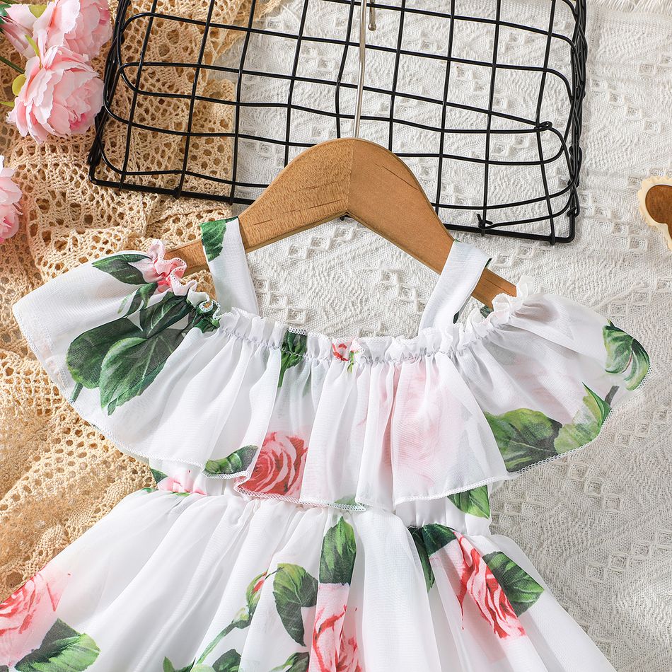 Toddler Girl Sweet Floral Print Off Shoulder Chiffon Slip Dress White big image 4