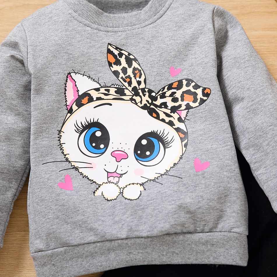 2-piece Toddler Girl Cat Print Pullover Sweatshirt and Leopard Print Pants Set Grey big image 2