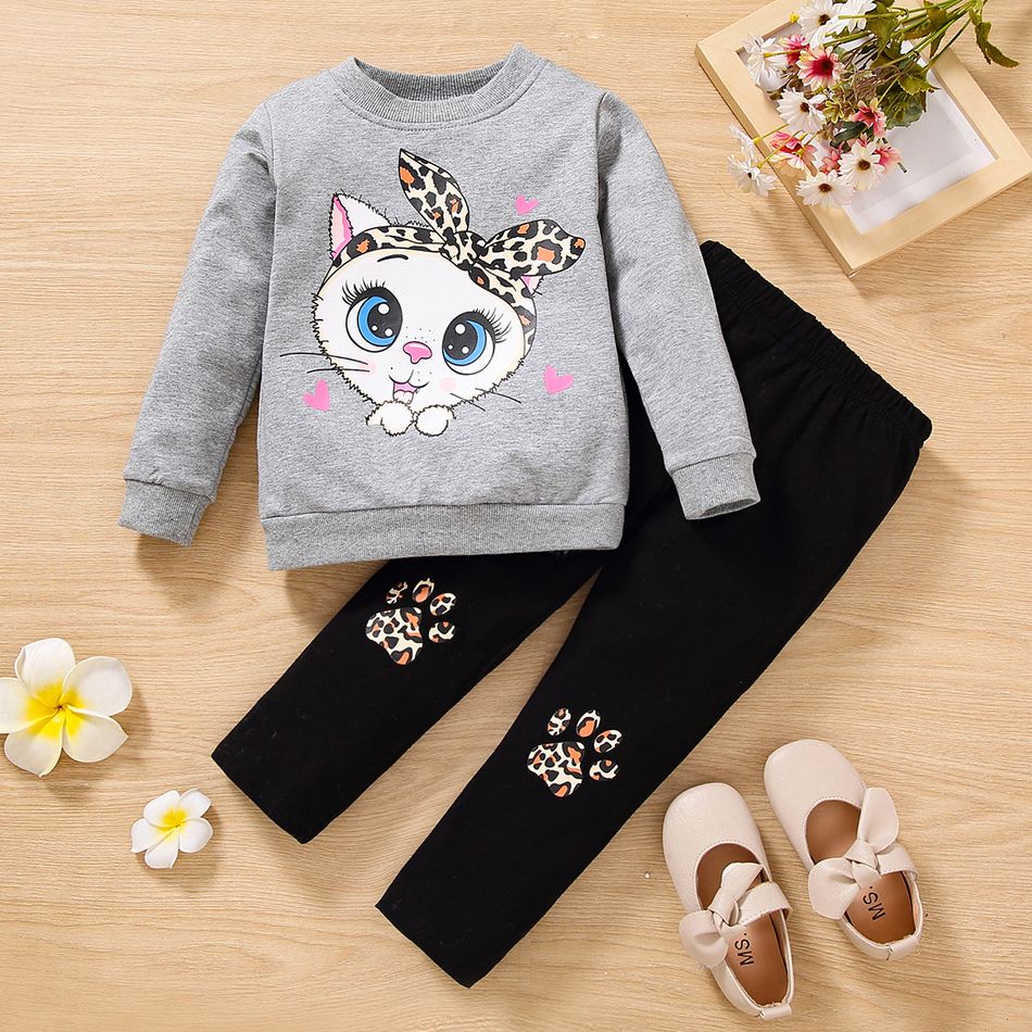 2-piece Toddler Girl Cat Print Pullover Sweatshirt and Leopard Print Pants Set Grey big image 7