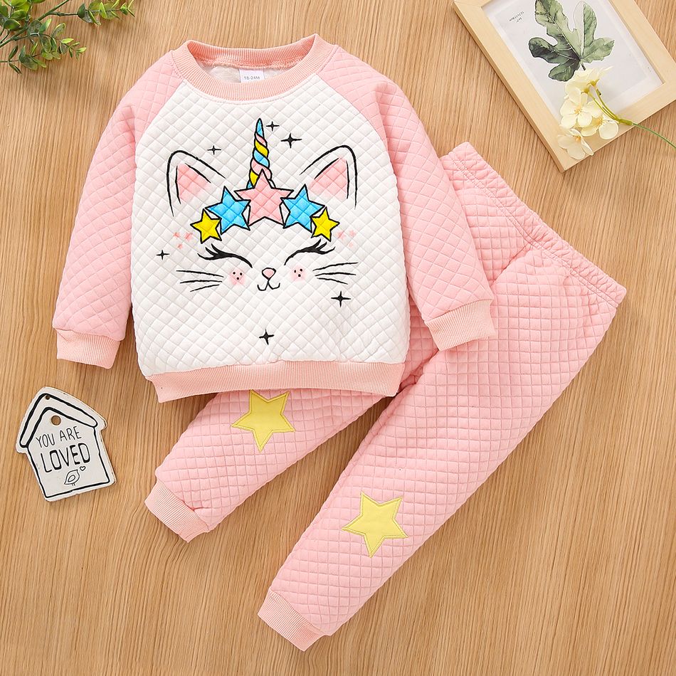 2-piece Toddler Girl Unicorn Print Textured Colorblock Sweatshirt and Stars Embroidered Pants Set Pink