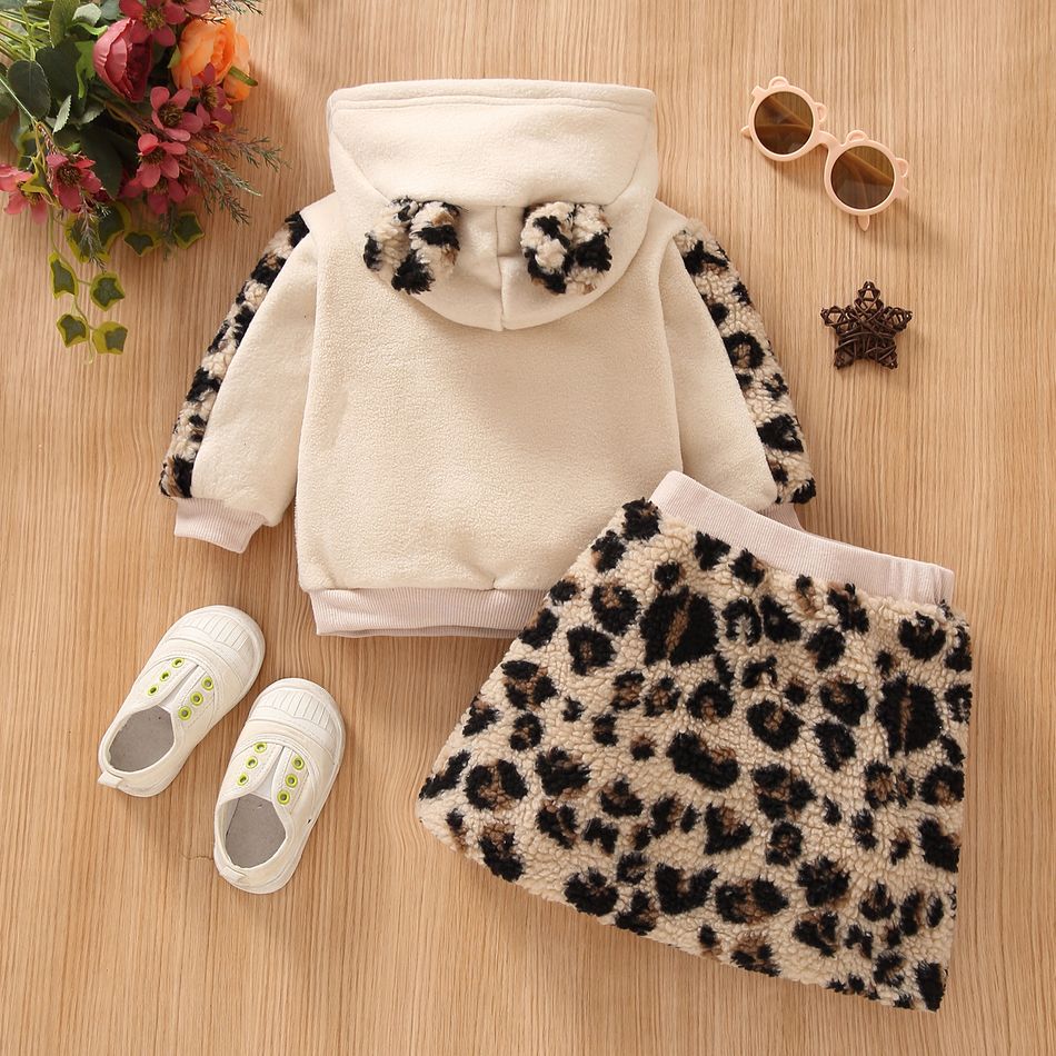 2pcs Baby Girl Letter Embroidered Beige Thickened Polar Fleece Long-sleeve Hoodie and Leopard Mini Skirt Set Beige big image 7