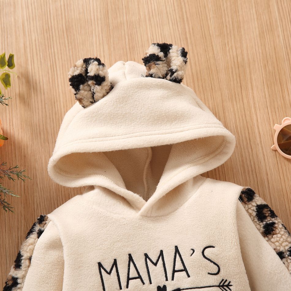 2pcs Baby Girl Letter Embroidered Beige Thickened Polar Fleece Long-sleeve Hoodie and Leopard Mini Skirt Set Beige big image 2