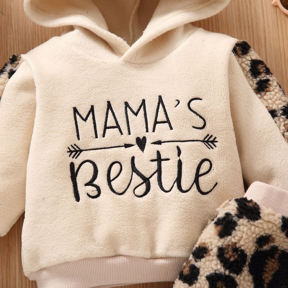 2pcs Baby Girl Letter Embroidered Beige Thickened Polar Fleece Long-sleeve Hoodie and Leopard Mini Skirt Set Beige big image 3