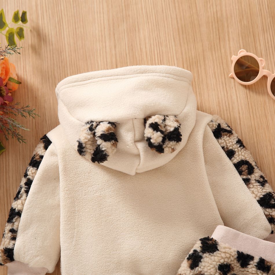 2pcs Baby Girl Letter Embroidered Beige Thickened Polar Fleece Long-sleeve Hoodie and Leopard Mini Skirt Set Beige big image 4