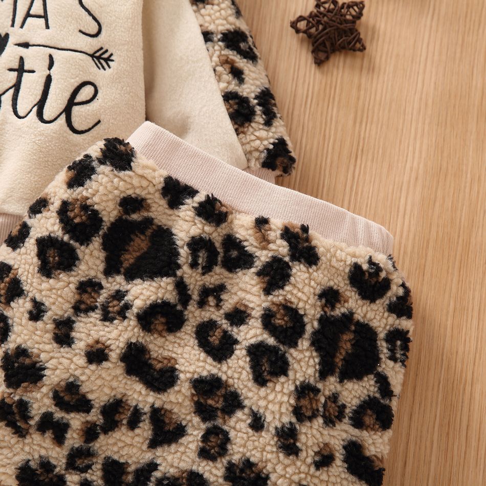 2pcs Baby Girl Letter Embroidered Beige Thickened Polar Fleece Long-sleeve Hoodie and Leopard Mini Skirt Set Beige big image 5