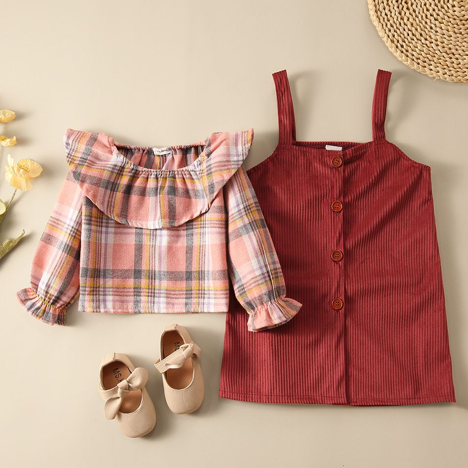 2-piece Toddler Girl Flounce Plaid Long-sleeve Top and Button Design Ribbed Overall Dress Set Red
