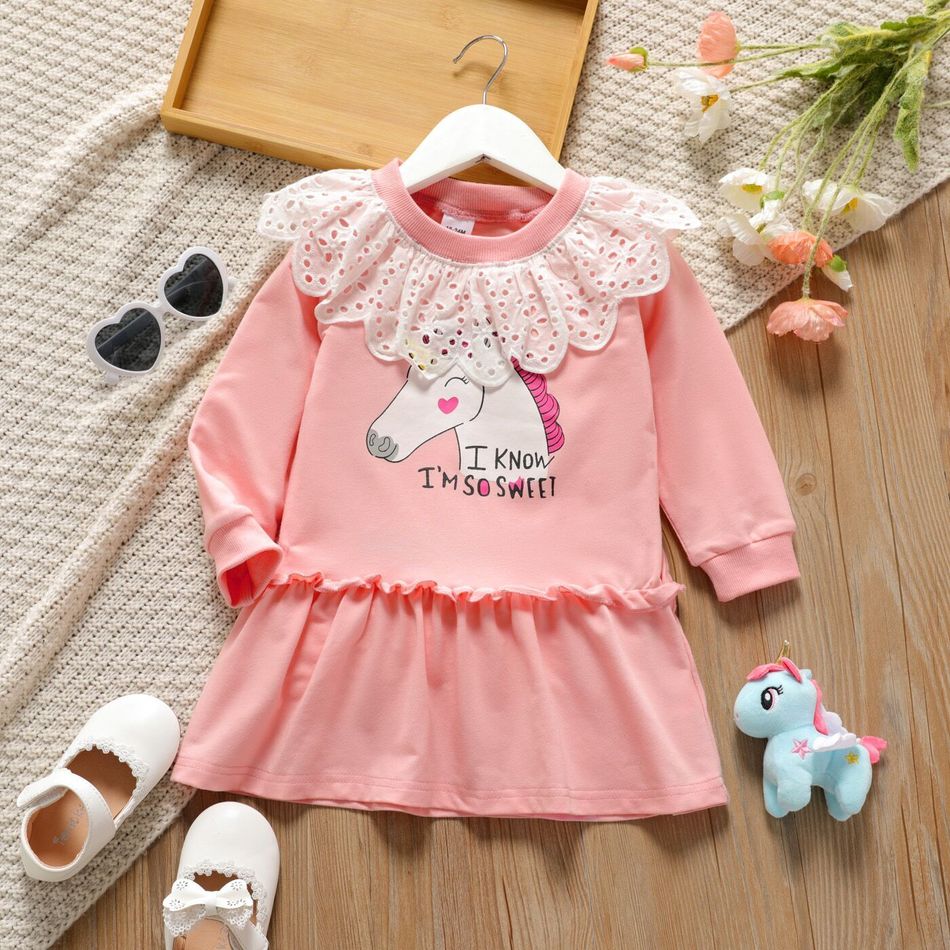 Toddler Girl Schiffy Collar Design Ruffled Letter Unicorn Print Long-sleeve Pink Dress Pink