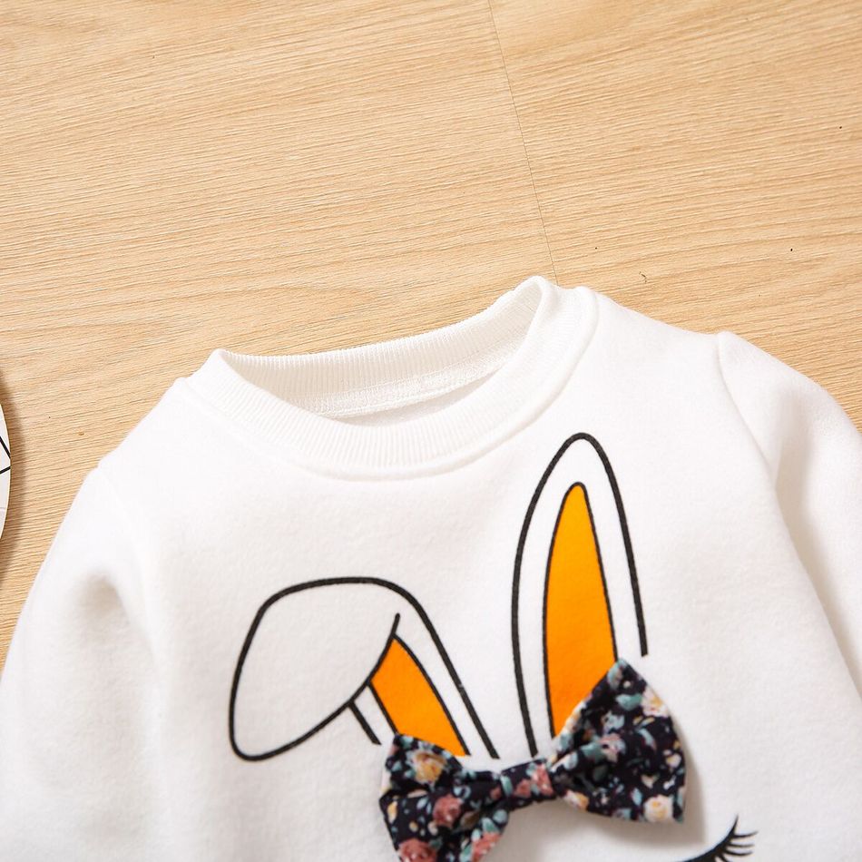 2-piece Toddler Girl Bowknot Design Rabbit Print Pullover Sweatshirt and Floral Print Paperbag Pants Set White big image 4