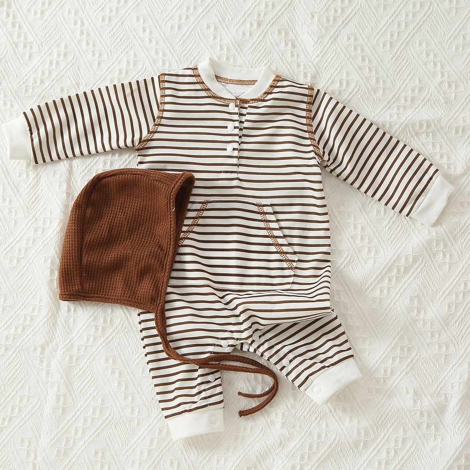 2pcs Baby Boy/Girl Brown Striped Long-sleeve Jumpsuit with Hat Set Brown