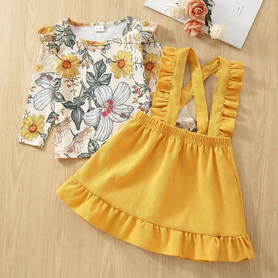 2-piece Toddler Girl Floral Print Ruffled Long-sleeve Top and Ruffled Suspender Skirt Set Orange