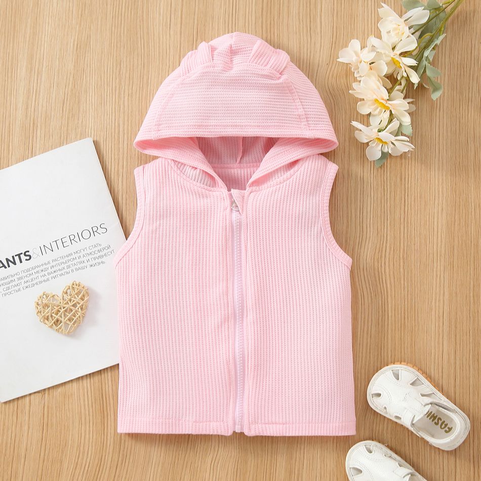 Toddler Girl Ear Design Hooded Zipper Waffle Vest Pink