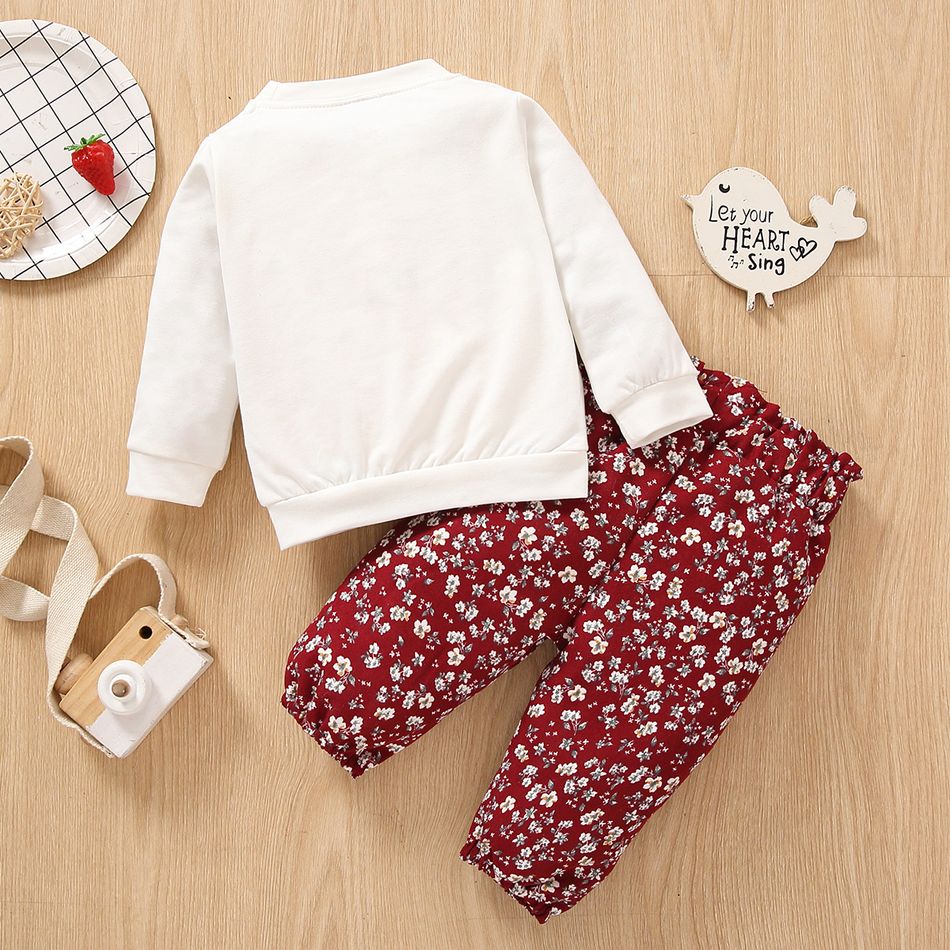 2pcs Baby Girl 95% Cotton Long-sleeve Cartoon Rabbit Print Sweatshirt and Floral Print Trousers Set Red big image 3