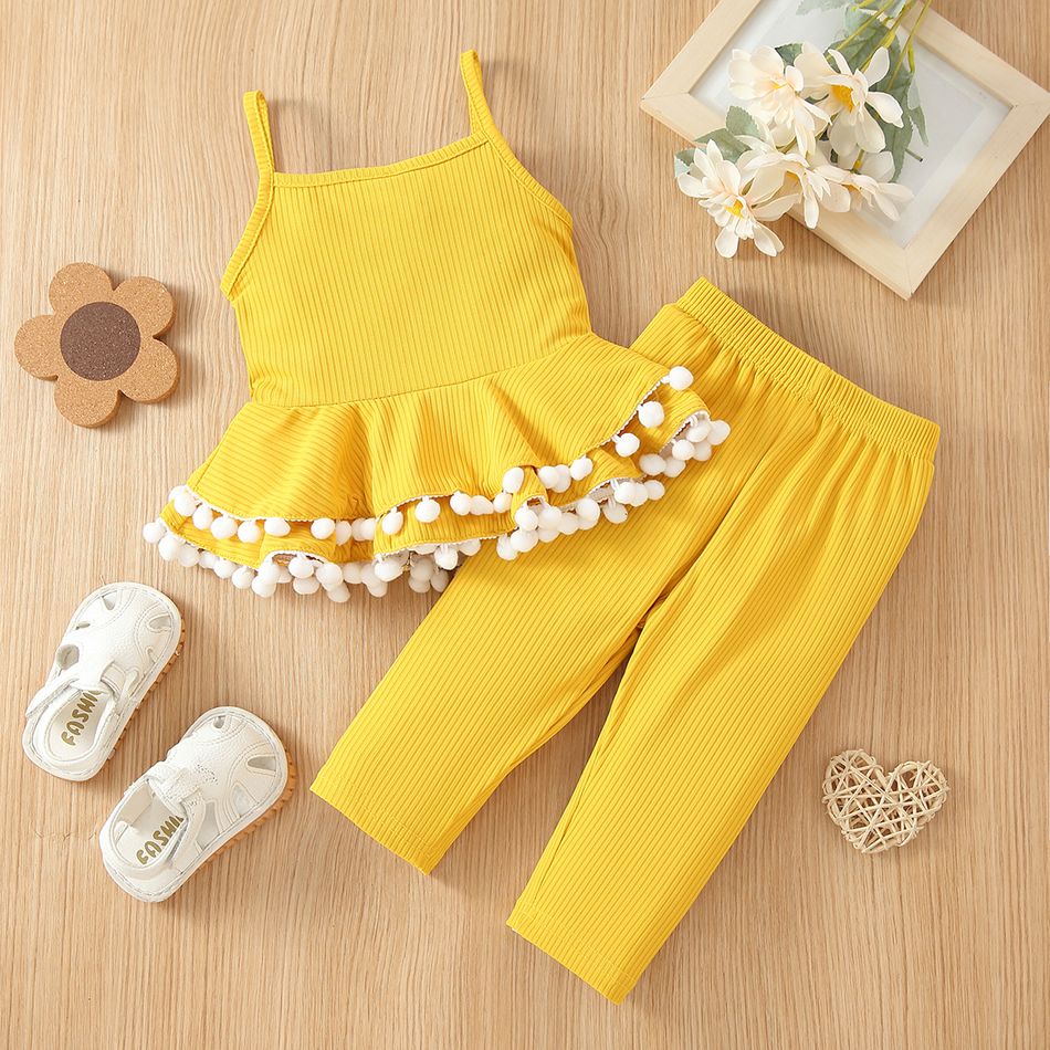 2pcs Baby Girl Pompon Design Solid Ribbed Spaghetti Strap Ruffle Top and Pants Set Yellow big image 2
