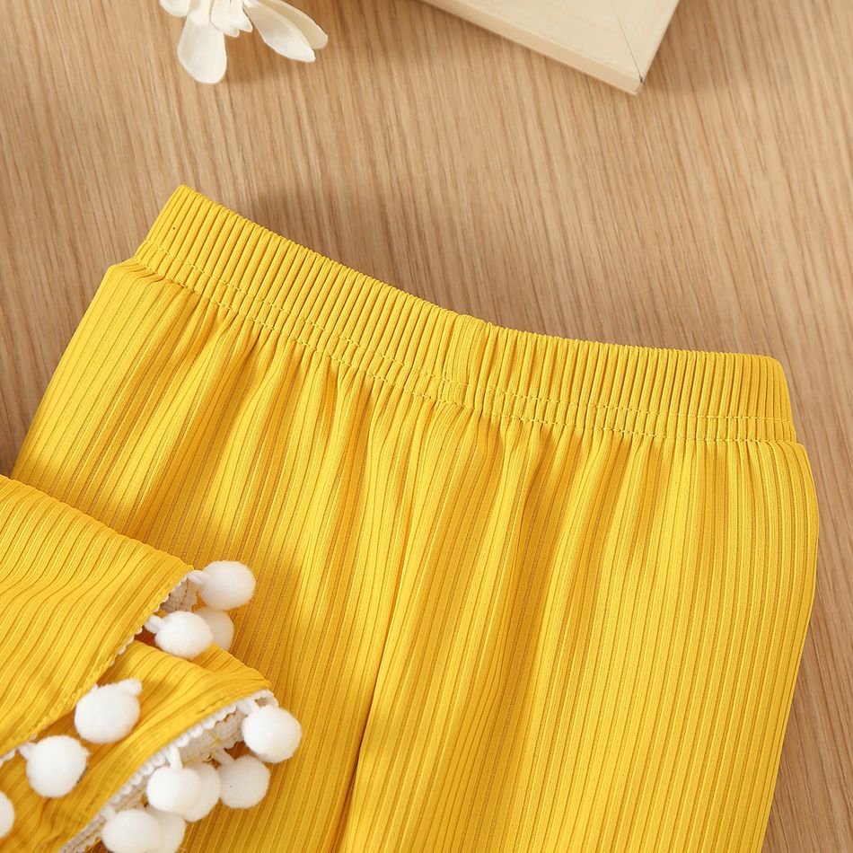 2pcs Baby Girl Pompon Design Solid Ribbed Spaghetti Strap Ruffle Top and Pants Set Yellow big image 6