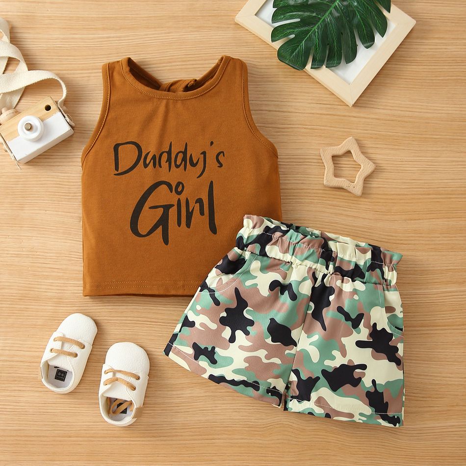 2-piece Toddler Girl Letter Print Backless Crisscross Tank Top and Leopard Print Paperbag Shorts Set Brown