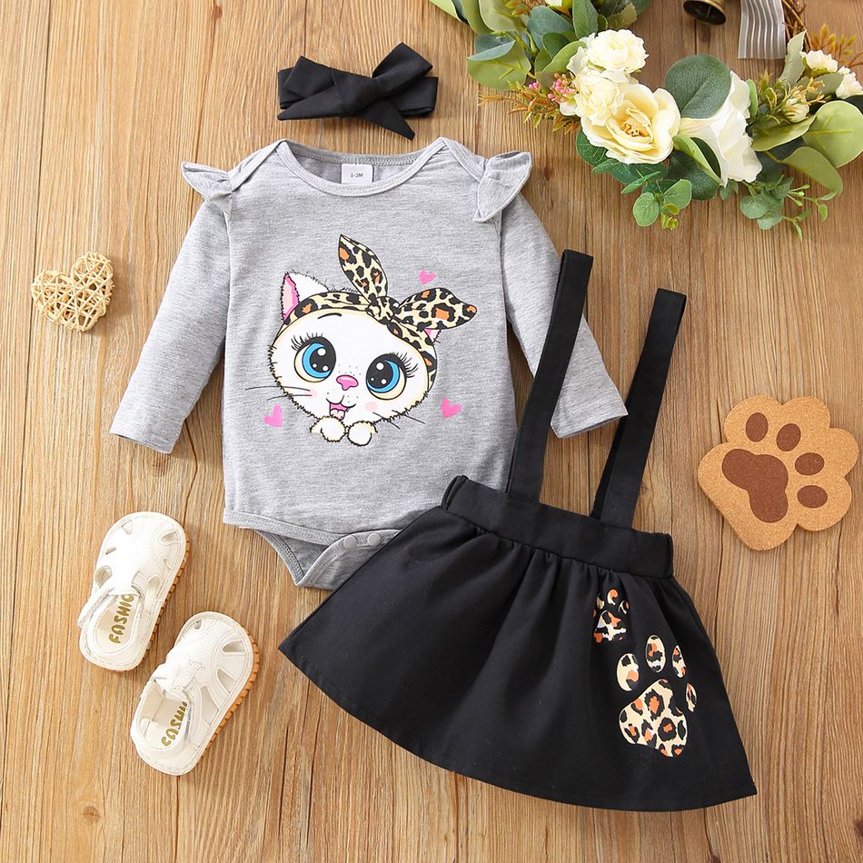 3pcs Baby Girl Cartoon Leopard Cat Print Long-sleeve Romper and Suspender Skirt with Headband Set Grey