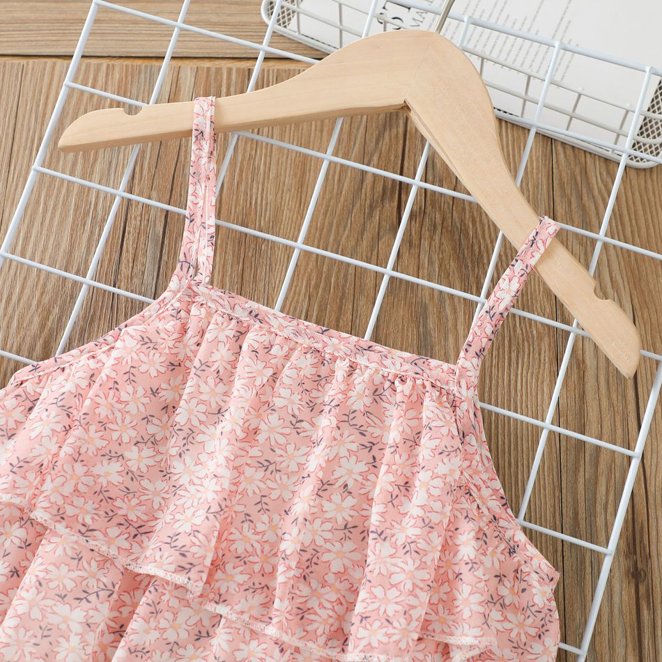 2pcs Toddler Girl Floral Print Layered Camisole and Elasticized Solid Color Shorts Set Pink big image 1