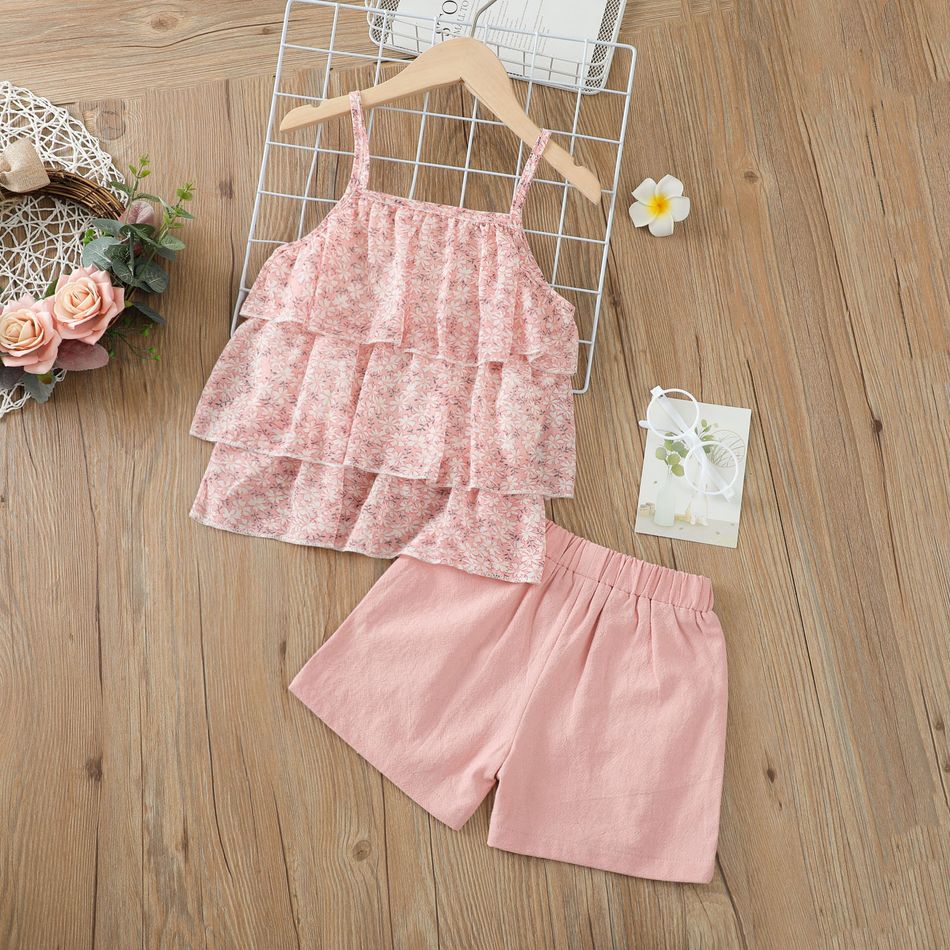2pcs Toddler Girl Floral Print Layered Camisole and Elasticized Solid Color Shorts Set Pink big image 4