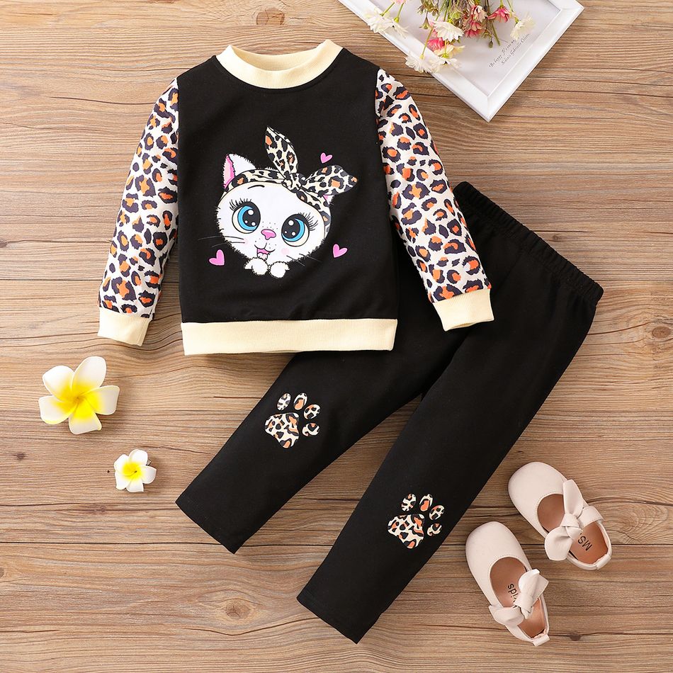 2pcs Toddler Girl Cat Leopard Print Pullover and Black Pants set Black