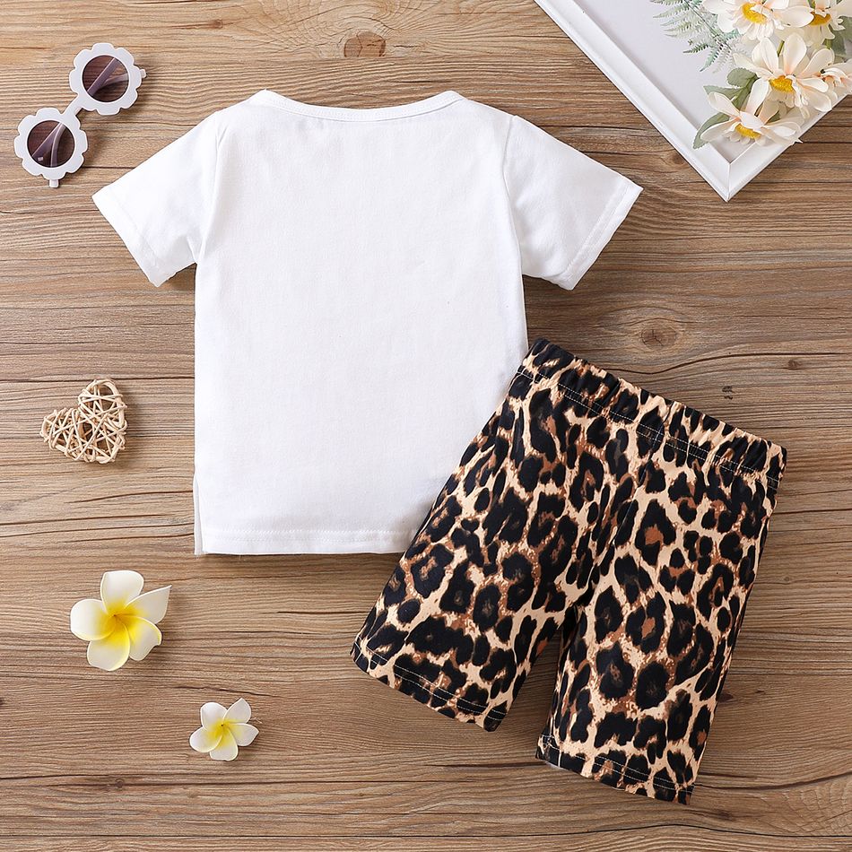 2pcs Toddler Girl Cartoon Figure Print Short-sleeve White Tee and Leopard Print Shorts Set White big image 7