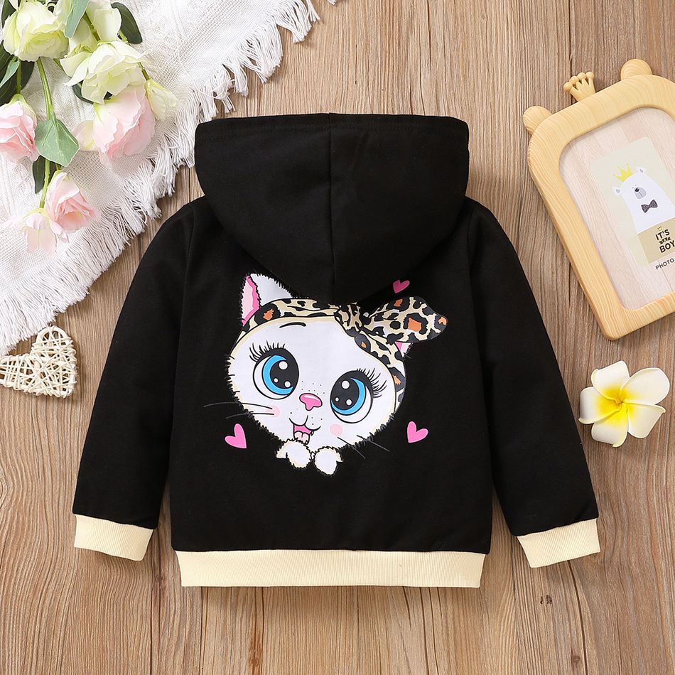 Toddler Girl Letter Animal Cat Print Zipper Design Hooded Sweatshirt Jacket Black big image 2
