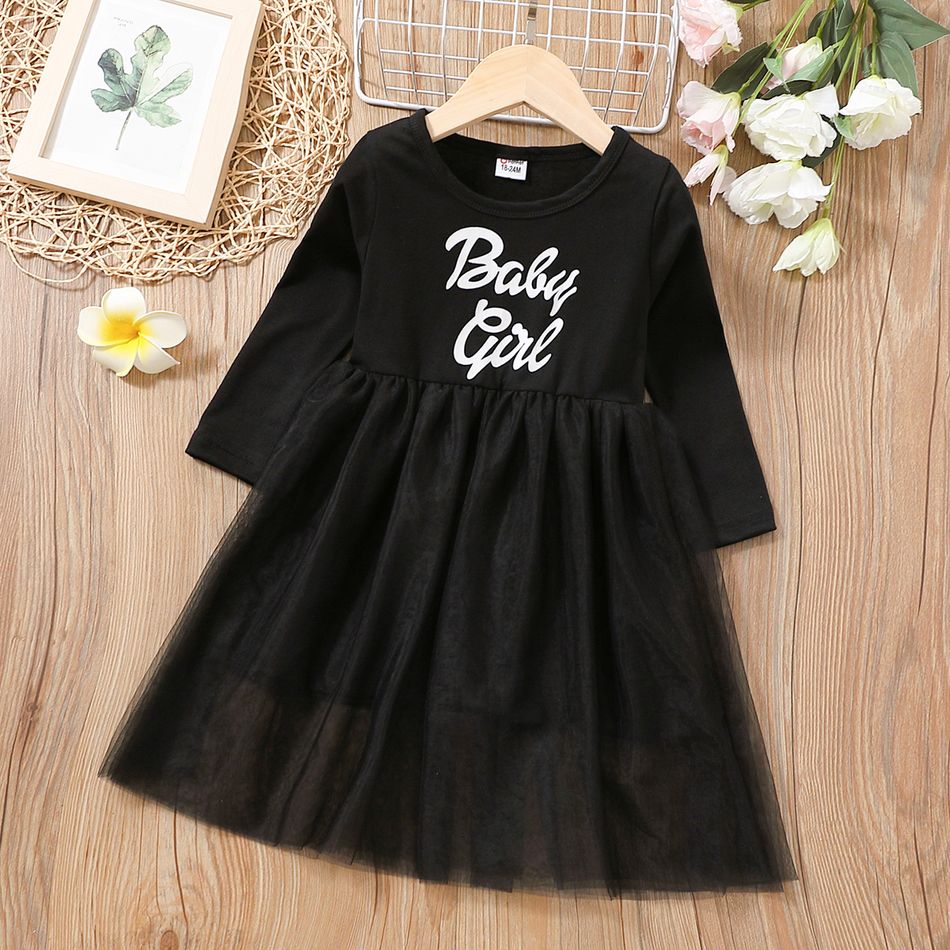 Toddler Girl Letter Print Mesh Splice Long-sleeve Black Dress Black
