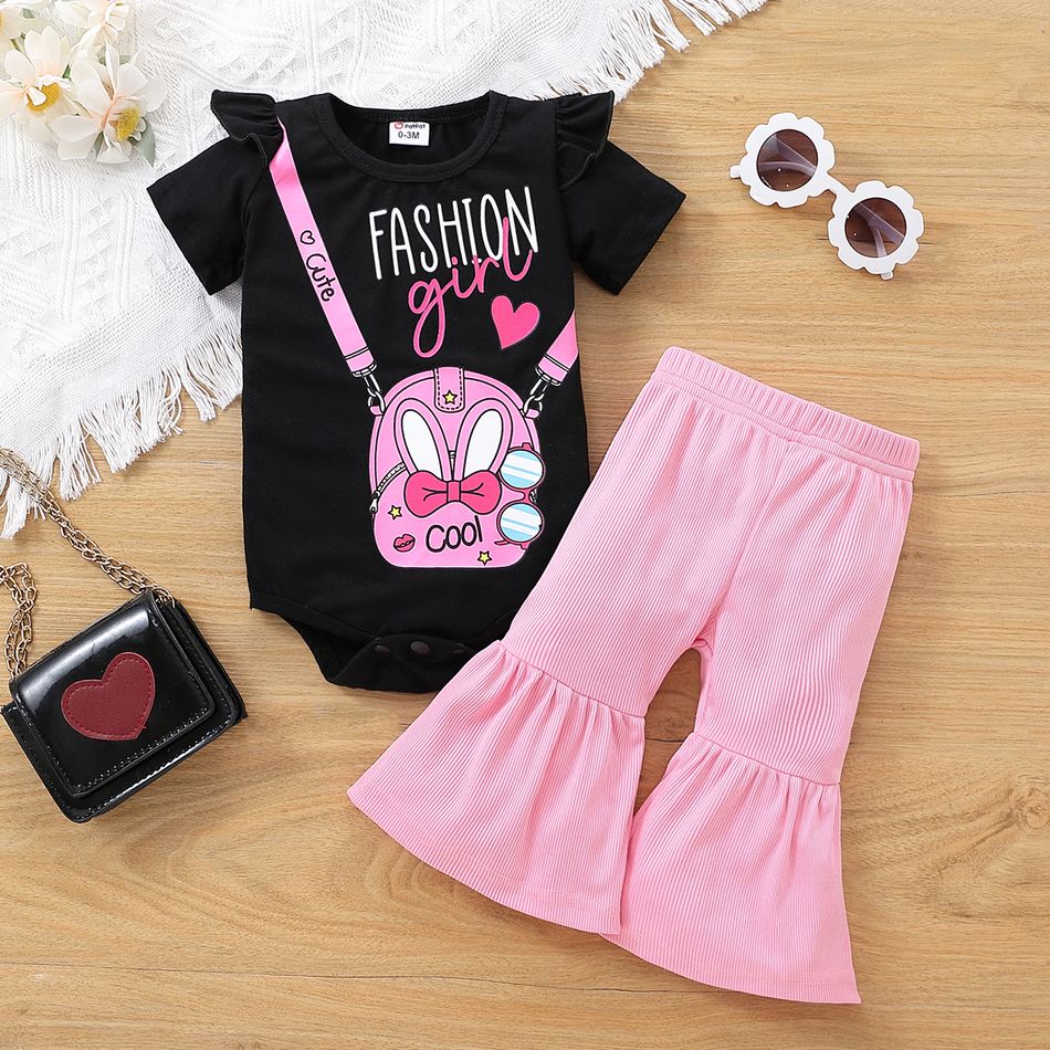 2pcs Baby Girl 95% Cotton Short-sleeve Crossbody Bag & Letter Print Romper and Solid Flared Pants Set Black