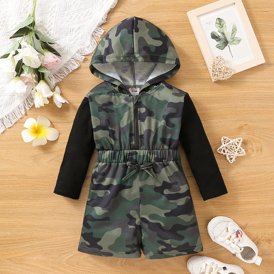 Toddler Girl Camouflage Print Zipper Design Hooded Long-sleeve Rompers Army green