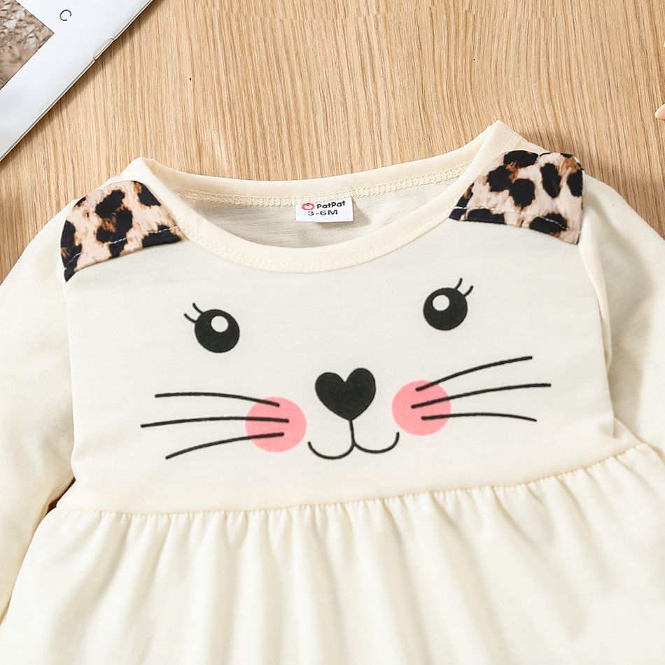2pcs Baby Girl Cartoon Cat Print Long-sleeve Top and Leopard Pants Set OffWhite big image 3