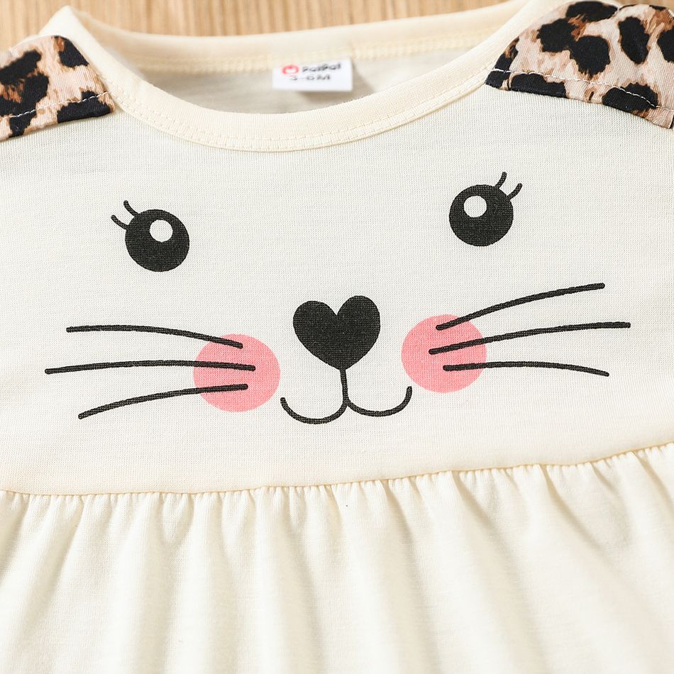 2pcs Baby Girl Cartoon Cat Print Long-sleeve Top and Leopard Pants Set OffWhite big image 4