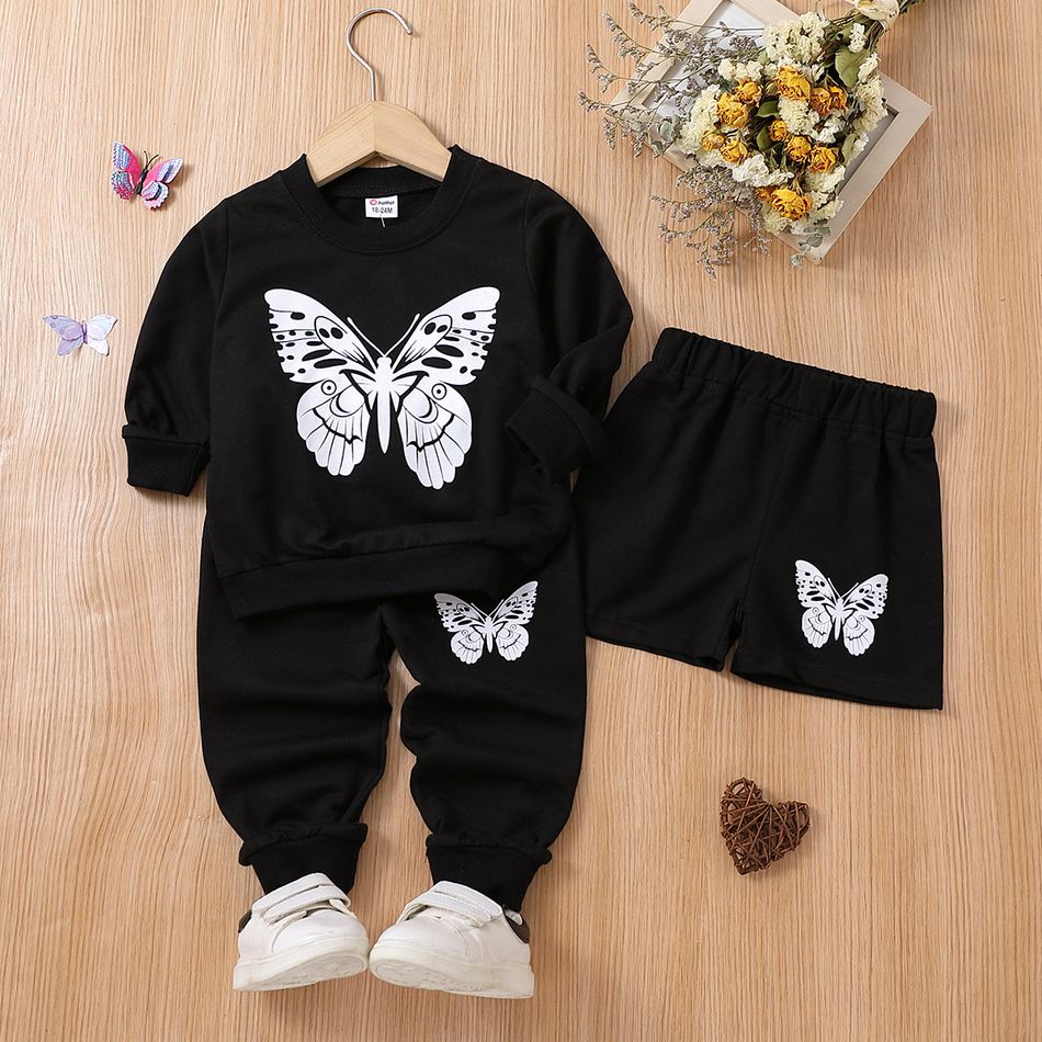 3pcs Toddler Girl Butterfly Print Black Sweatshirt & Shorts and Pants Set Black