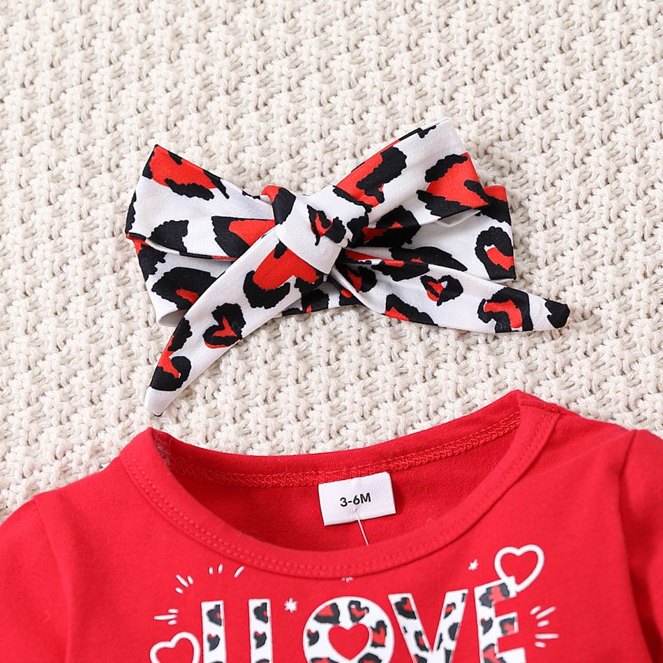 3pcs Baby Girl 95% Cotton Long-sleeve Letter Print Ruffle Hem Dress and Leopard Leggings with Headband Set Red big image 3
