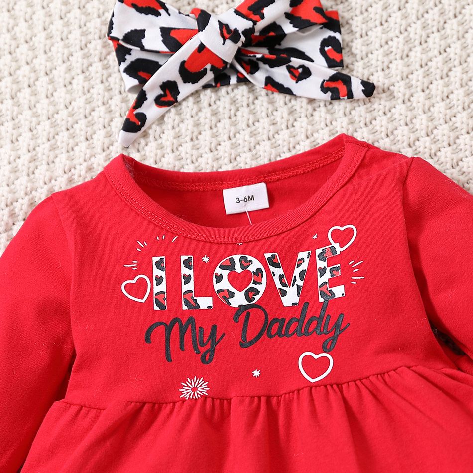 3pcs Baby Girl 95% Cotton Long-sleeve Letter Print Ruffle Hem Dress and Leopard Leggings with Headband Set Red big image 4